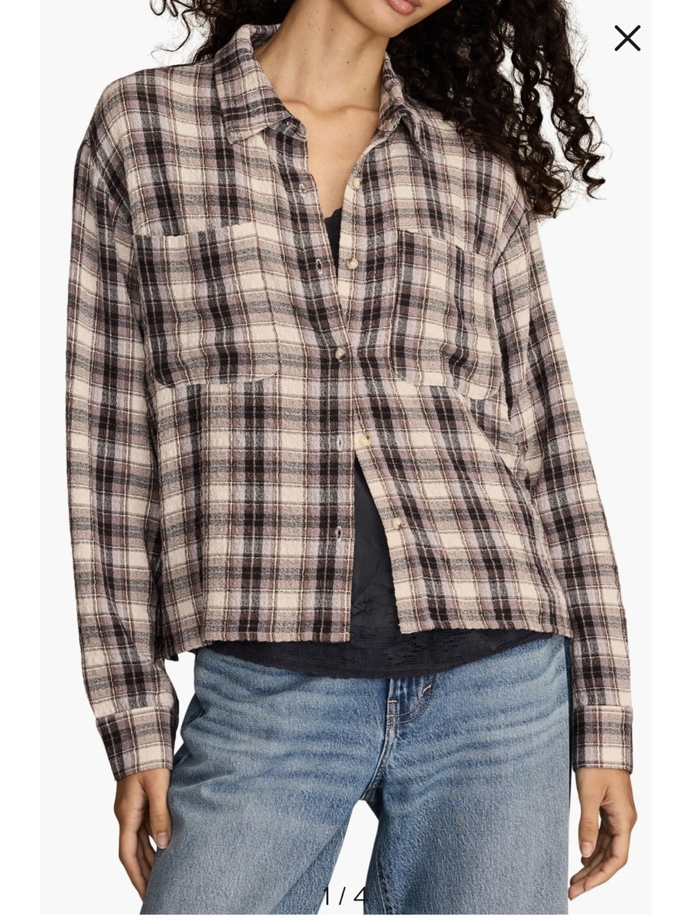 Lucky Brand Cream and lilac Plaid crop Button-up Flannel Top